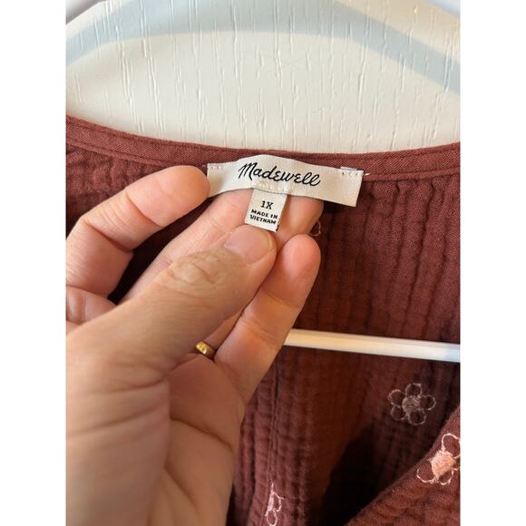 Madewell Brown and Light Pink with Embroidery, Wrap Top, Slub Cotton - Picture 5 of 9